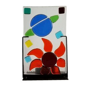 Fused Glass Tea Light Candle Holder with Metal Base and Tea Light Candle-Vintage